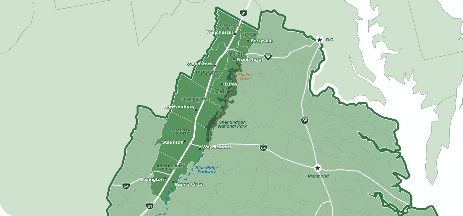 An illustrated map of the Shenandoah Valley region
